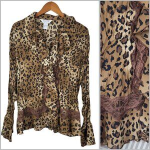 Vtg Y2k Top Plus 1X Ruffle Bell Sleeve Whimsigoth Alt Mesh Cheetah Lace Ruffle
